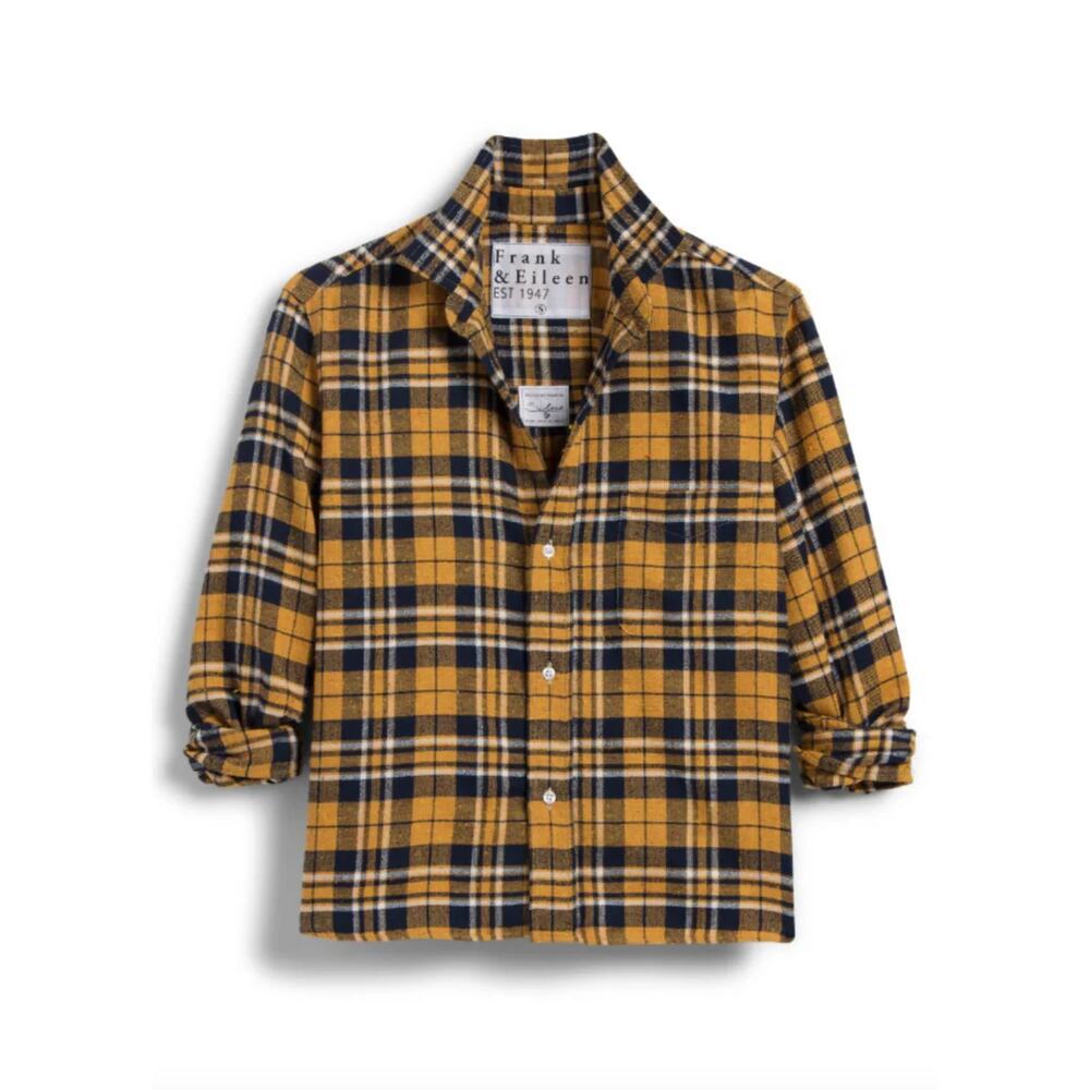 NWOT Frank & Eileen SILVIO Untuckable Button-Up Shirt Yellow Navy Plaid Medium
